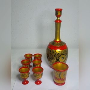 Vintage Russian Khokhloma wood set Vodka bottel 6 goblets one water gobl…